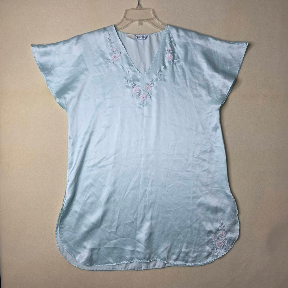 Henri Pierre Vintage Blue Satin Nightgown Embroidered Floral V-Neck Sleepwear L?